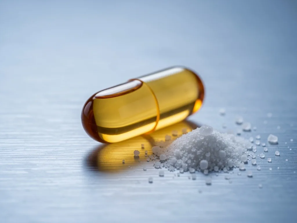 Single NutriMen capsule on a steel surface