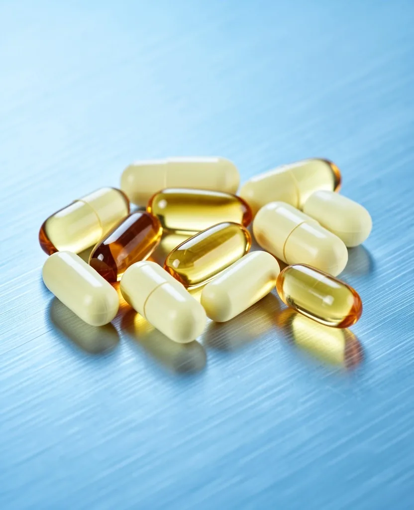 Fat-soluble vitamin capsules on steel surface